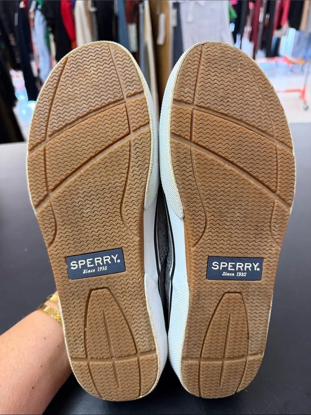 Sperry Gray Canvas Boat Shoes with Black Laces